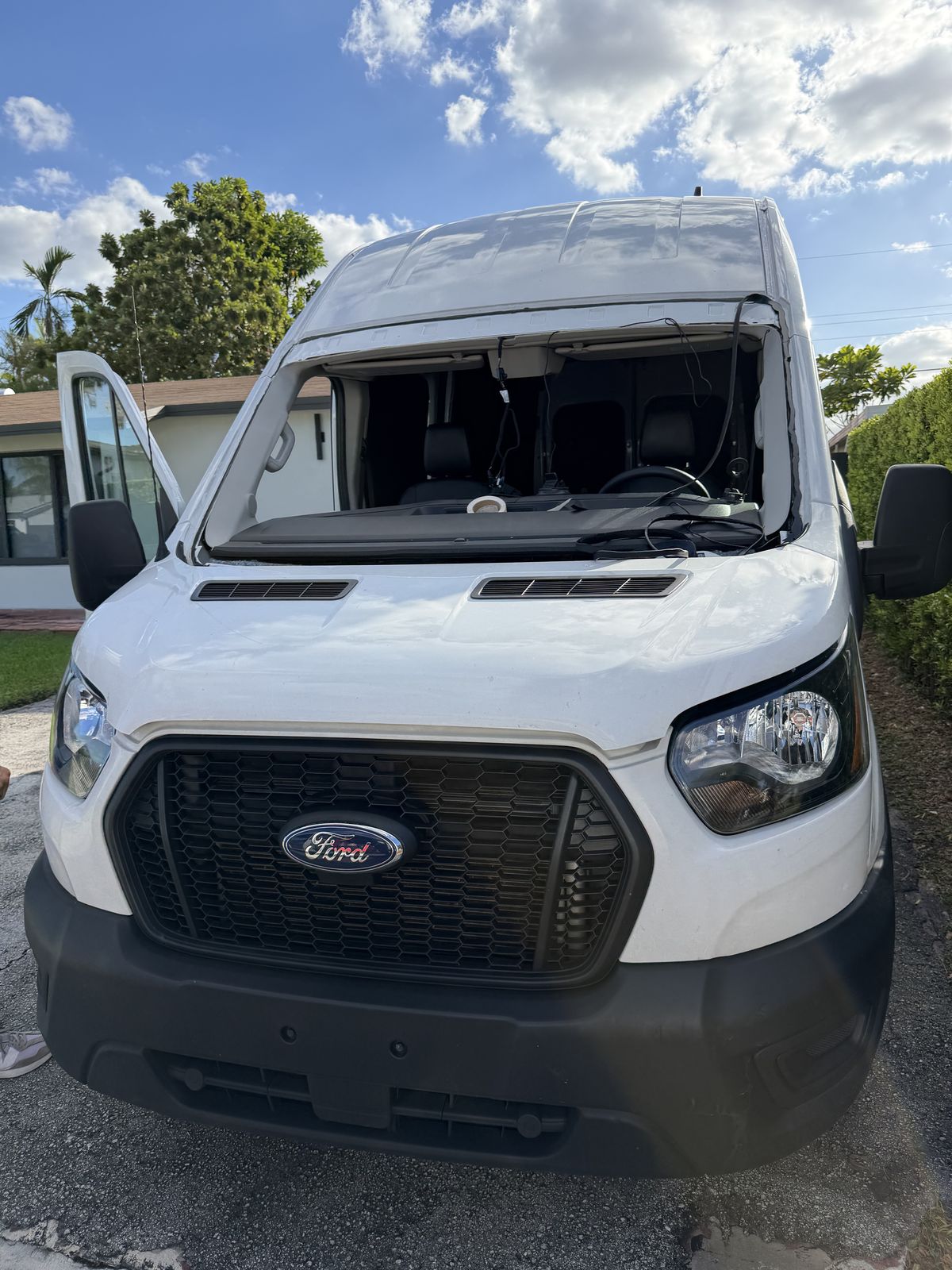Ford Transit van with the windshield removed